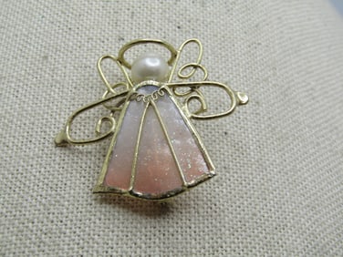 Vintage Scrolled Shell Angel Brooch, Faux Pearl, 1980's