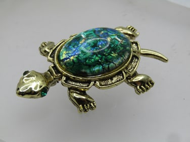 Vintage Green/Blue Foiled Turtle Brooch, 1960's