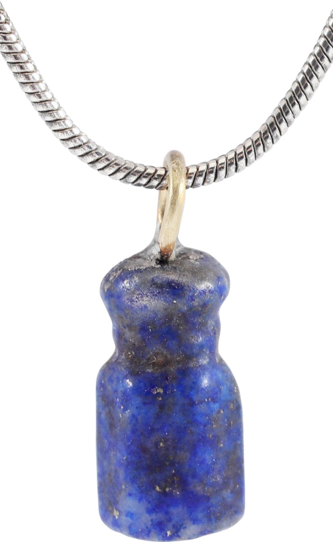 VIKING LAPIS LAZULI AMULET NECKLACE C.800-1050 AD: Hand-crafted gemstone of bottle form with faceted body and compressed neck. Part of a larger necklace of “aegis” form with several tiers strung and cross-bound into a matrix. These amulets