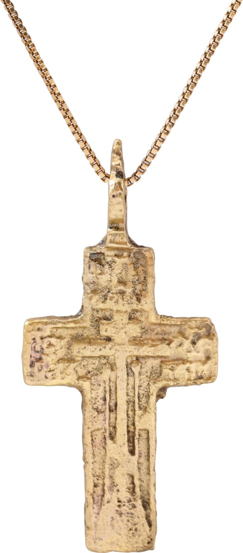 FINE EASTERN EUROPEAN CROSS NECKLACE, 17th-18th CENTURY: Ukrainian or Russian, 17th-18th Century, Orthodox rite. Gilt bronze, just over 1 ¾” (1.76”) height. Broad beams with raised edges and a plain cross center with charges and ciphers at 