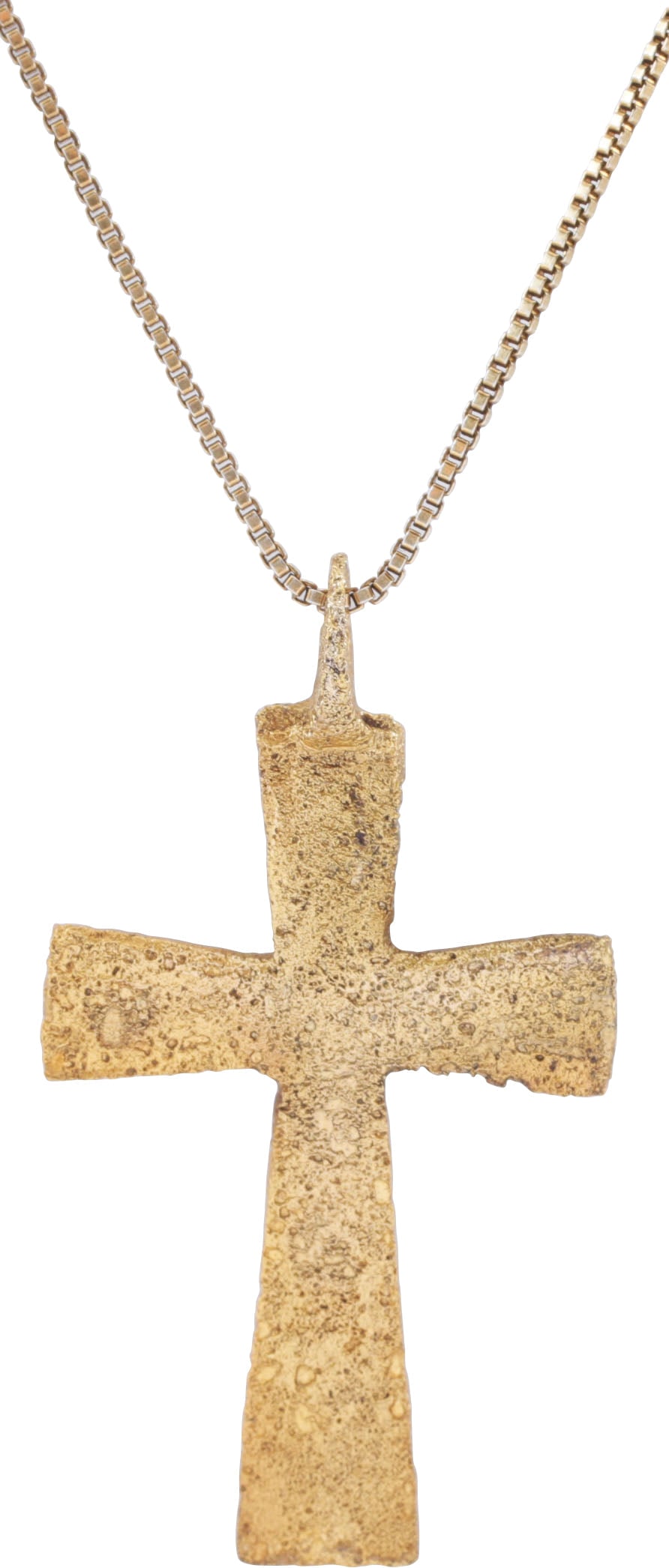 MEDIEVAL EUROPEAN CROSS, 16TH -17TH CENTURY: Gilt bronze, about 1 ½”(1.49”) total height. The cross beam above center. The beams flared toward the ends, a remnant of the Jerusalem cross. The front with a smaller vacant cross of.