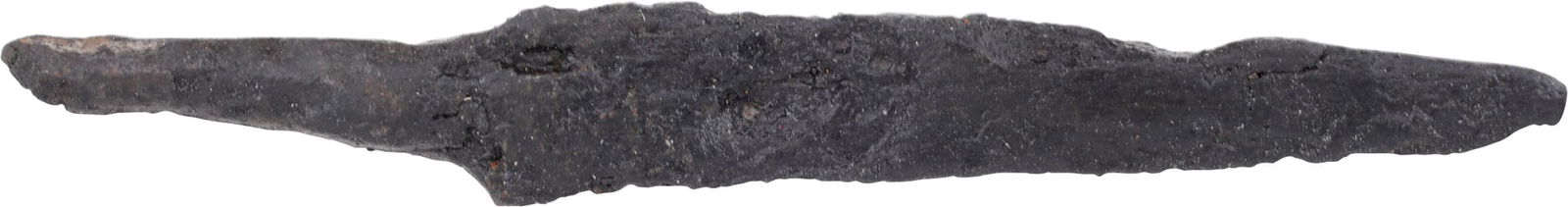 VIKING POUCH KNIFE, 9th-11th CENTURY: Over 2 ¾" (2.81") total length. Wedge section for slashing. Straight back with a slightly curved point. Whittle tang, to secure it to the wood, bone, or antler grip, now perished. Stable oxidatio