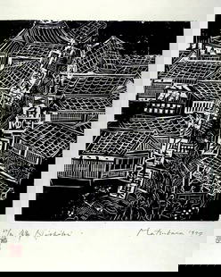 MATSUBARA; Naoko (b. 1937): Nishiki (Narrow street with restaurants): Artist: MATSUBARA; Naoko (b. 1937) Title: Nishiki (Narrow street with restaurants) Series: A limited edition work, numbered: #22/50 Publisher: (self-published) Date: 1977 Medium: Woodblock print Size/