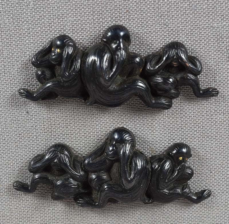Pair 19c Japanese sword SHAKUDO MENUKI 3 MONKEYS no evil (1 of 6)