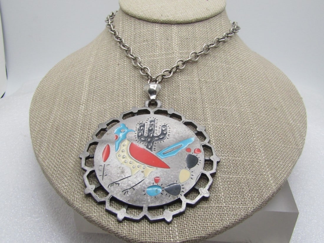 Vintage Enameled Southwstern  Medallion Necklace, Gold Crown Signed, 22", 1970's (1 of 6)
