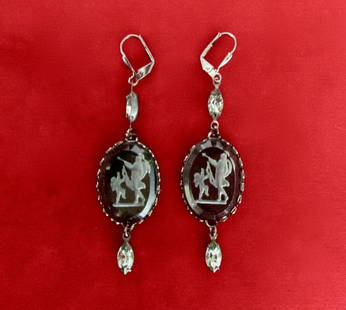 Pair of Vintage Dark Gray Crystal Earrings/Boho/Steampunk/Shabby Chic/Gothic: Pair of Vintage Dark Gray Crystal Intaglio Cabochon Earrings With Rhinestone Drops Circa. 1980 European New-old stock Never worn oval gray crystal intaglio cabochons are from the 1930's or 1940's The