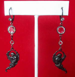 Pair of Vintage Black Angel Earrings With Faceted Crystals/Boho/Hippie/Gothic: Pair of Vintage Black Brass Angel Earrings With Crystals Circa. 1990 American New-old stock Made in the 1990's but never worn.....or sold! Black female angel earrings Matte finish with bezel set facet