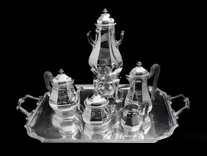 TETARD 6pc ORIGINAL FRENCH ART DECO STERLING SILVER TEA SET + TRAY, 1900-1940: Title: TETARD 6pc ORIGINAL FRENCH ART DECO STERLING SILVER TEA SET + TRAY, 1900-1940 Description:Direct from Private Residence near Monaco, A Truly Magnificent Original French Art Deco, 6 pc. Sterling