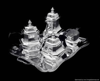 TETARD 5pc. FRENCH ART DECO 950 STERLING SILVER TEA SET: Title: TETARD 5pc. FRENCH ART DECO 950 STERLING SILVER TEA SET Description:Direct from Private Mansion in Paris, A Truly Magnificent Original French Art Deco, 5 pc. Sterling Silver Tea Set with Servin