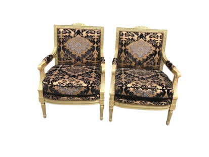 Antique Victorian Carved Gold Frame Chairs Newly Upholstered - Pair: Vintage from before 2000 Antique Pair of Hand Carved Gold Frame Chairs Newly Upholstered in Black Velvet with Gold Stencil Circa Early 20th Century� Dimentions D 24”W 28”H 39”