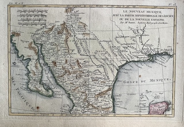 1780 Map of the American Southwest & Mexico by R. Bonne, Early Depiction of Texas, Arizona & Jesuit: Title: 1780 Map of the American Southwest & Mexico by R. Bonne, Early Depiction of Texas, Arizona & Jesuit Missions Date/Period: 1780 Materials: Hand-colored copperplate engraved Size: 12.5 x 8 1/4