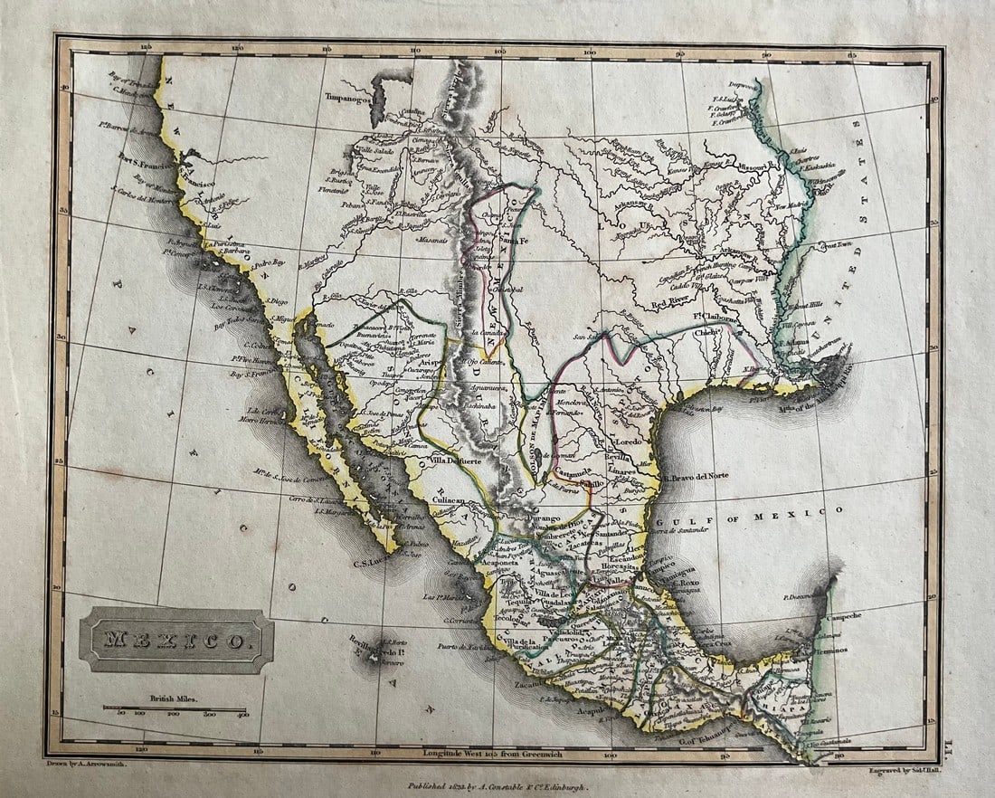 1823 Map of Mexico & the American Southwest by Arrowsmith Jr. Early Post-Independence Borders &: Title: 1823 Map of Mexico & the American Southwest by Arrowsmith Jr. Early Post-Independence Borders & Spanish Trail Routes Date/Period: 1823 Materials: Hand-colored copperplate engraved Size: 10x8" T