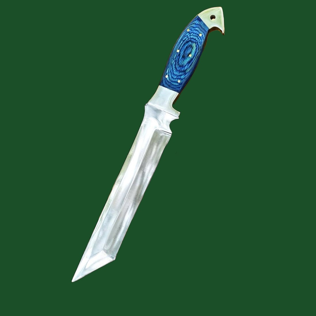 Unique Blue Colour Wood Handle Tanto Blade Knife: Title: Unique Blue Colour Wood Handle Tanto Blade Knife Description:This hand-forged tanto knife features a blade made from high carbon steel, offering exceptional piercing ability and tactical perfor