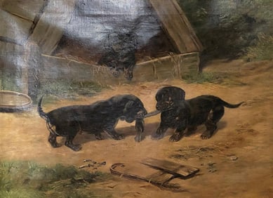 Oil on Canvas "Dachshund Puppies at Play" by Simon Ludvig Ditlev Simonsen