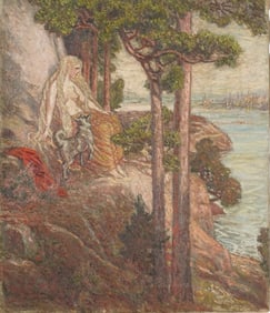 JULIUS KRONBERG (1850-1921) Maiden & Dog Seated on a Path by the Sea oil