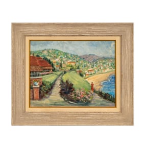I. VAN ORNUM Original oil Woman on a Path by the Sea w/ Hillside Houses Laguna?