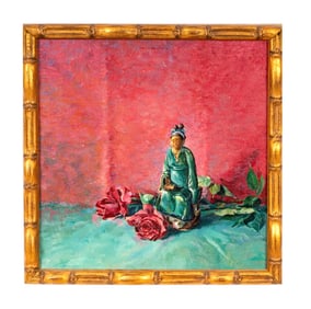 PAUL EDWARD BEEM Asian Figurine with Roses "Carmelita Rosa" oil painting 1956