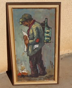 MCM SCHOOL OF PARIS Man Holding Newspaper & Beverage Back Pack oil