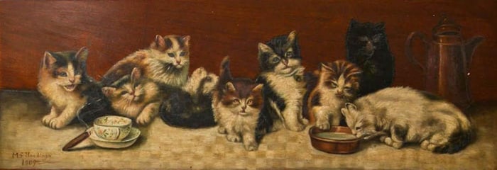 Antique Playful Kittens, Oil on Board Painting, Framed, Signed Dated 1909