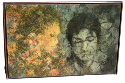 Vintage Modernist Man & Woman Surrounded in Flowers signed Wilson oil painting