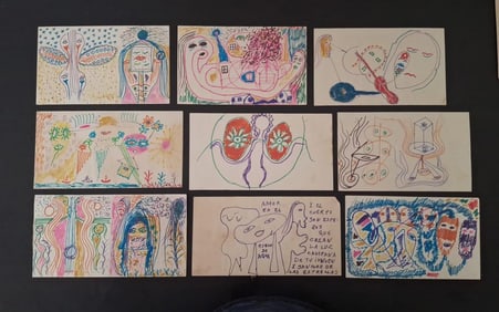 Fine Pens on cardboard paper 1980s / Lot 9 pieces unframed