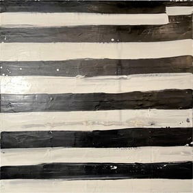 Lynn Basa Encaustic Black and White Stripe Panel "Not So Simple", 2012