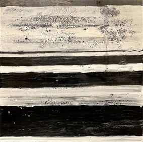 Lynn Basa Encaustic Black and White Stripe Panel "The Speckled", 2013