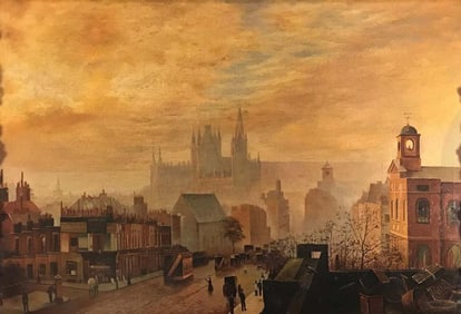 Oil on Canvas "City View" Sunset City Scene with Palace Signed Kitty Young