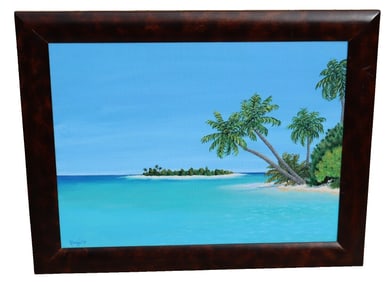 JANINE DUGUE California Artist Serene Tropical Island Palm Trees by Sea acrylic