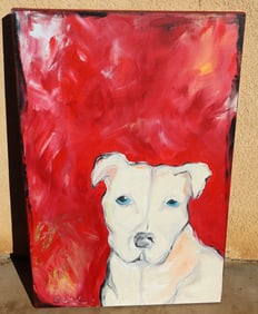CHUCK SIRICO "Pinky" The White Pit Bull Animal Portrait acrylic on canvas