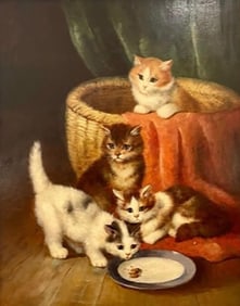 19th/20th Century Oil Painting of Kittens in a Basket at Feeding Time