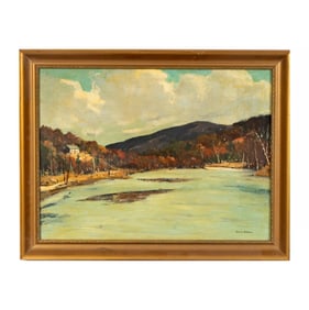 HELEN W. CLARK (1899-1963) Mid Century Cottage on a Hillside by a River oil