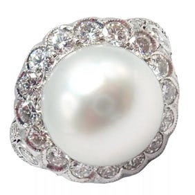 Vintage Estate 18k White Gold Diamond 12.5mm Pearl Cocktail Ring
