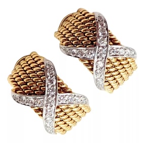 Tiffany & Co Schlumberger 18k Yellow Gold Platinum Diamond 6 Row Rope X Earrings