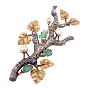 Vintage Buccellati 18k White Yellow Gold Carved Emerald Branch Twig Brooch Pin