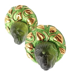 Elizabeth Gage 18k Yellow Gold Carved Green Tourmaline Enamel Lion Earrings