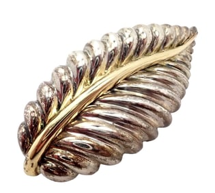 Authentic! Tiffany & Co 18k Yellow Gold Silver Leaf Pin Brooch 2003