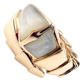 Authentic! Bulgari Bvlgari Serpenti Viper 18k Yellow Gold Band MoP Ring Sz S