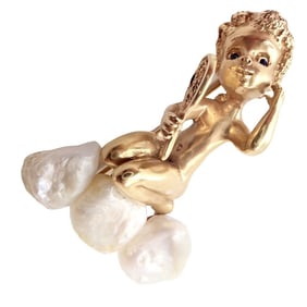 Rare Large Ruser 14k Yellow Gold Sapphire Pearl Mondays Child Pin Brooch