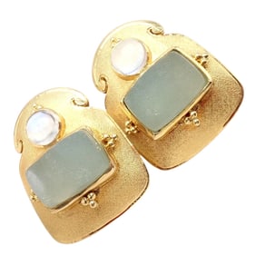 Rare! Vintage Paula Crevoshay 18k Gold Smithsonite Moonstone Earrings OOAK
