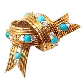 Vintage Tiffany & Co. 18k Yellow Gold Diamond Turquoise Bamboo Bow Pin Brooch