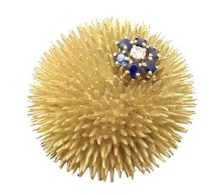 Tiffany & Co 18k Yellow Gold Sapphire Diamond Large Urchin Brooch Pin 1960's