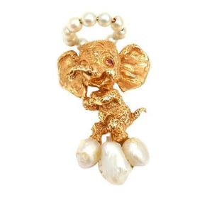 Rare Vintage Ruser 14k Yellow Gold Republican Ruby Pearl Happy Elephant Pin
