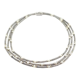 David Yurman DY Sterling Silver 14k Yellow Gold 3 Cable 3mm Pearl Necklace 15"