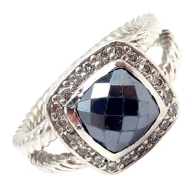 David Yurman DY Silver Hematite Diamond Petite Albion Split Cable Ring sz 7