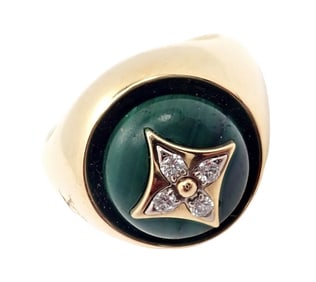 Authentic Louis Vuitton LV 18k Yellow Gold Diamond Malachite Blossom Signet Ring