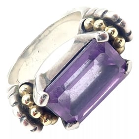 Authentic! Lagos Caviar Silver + 18k Yellow Gold Amethyst Ring