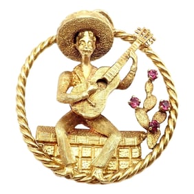 Authentic! Rudi Cherny 18k Yellow Gold Guitar Player Cactus Ruby Pendant