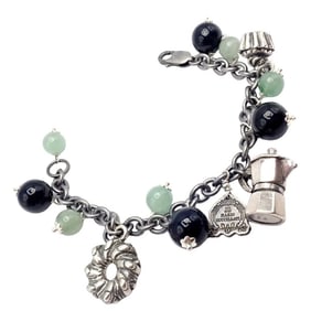 Rare! Vintage Mario Buccellati Silver Coffee Jadeite Onyx Bead Charm Bracelet
