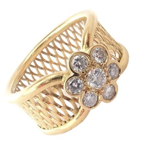 Authentic! Van Cleef & Arpels 18k Yellow Gold Diamond Mesh Fleurette Ring sz 7